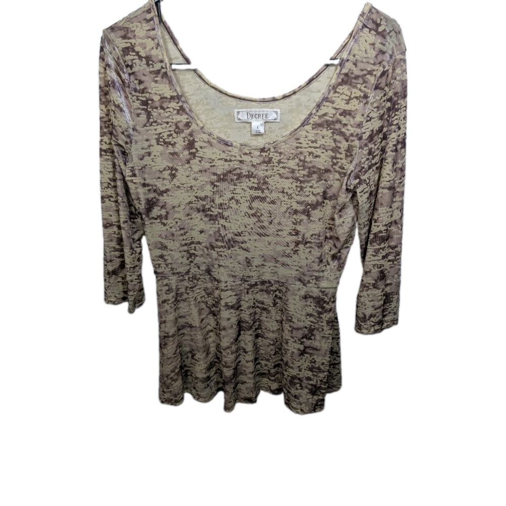 Womens Shiny Beige Velvet Velour Soft Cozy Burnout Top Large Decree Blouse Shirt